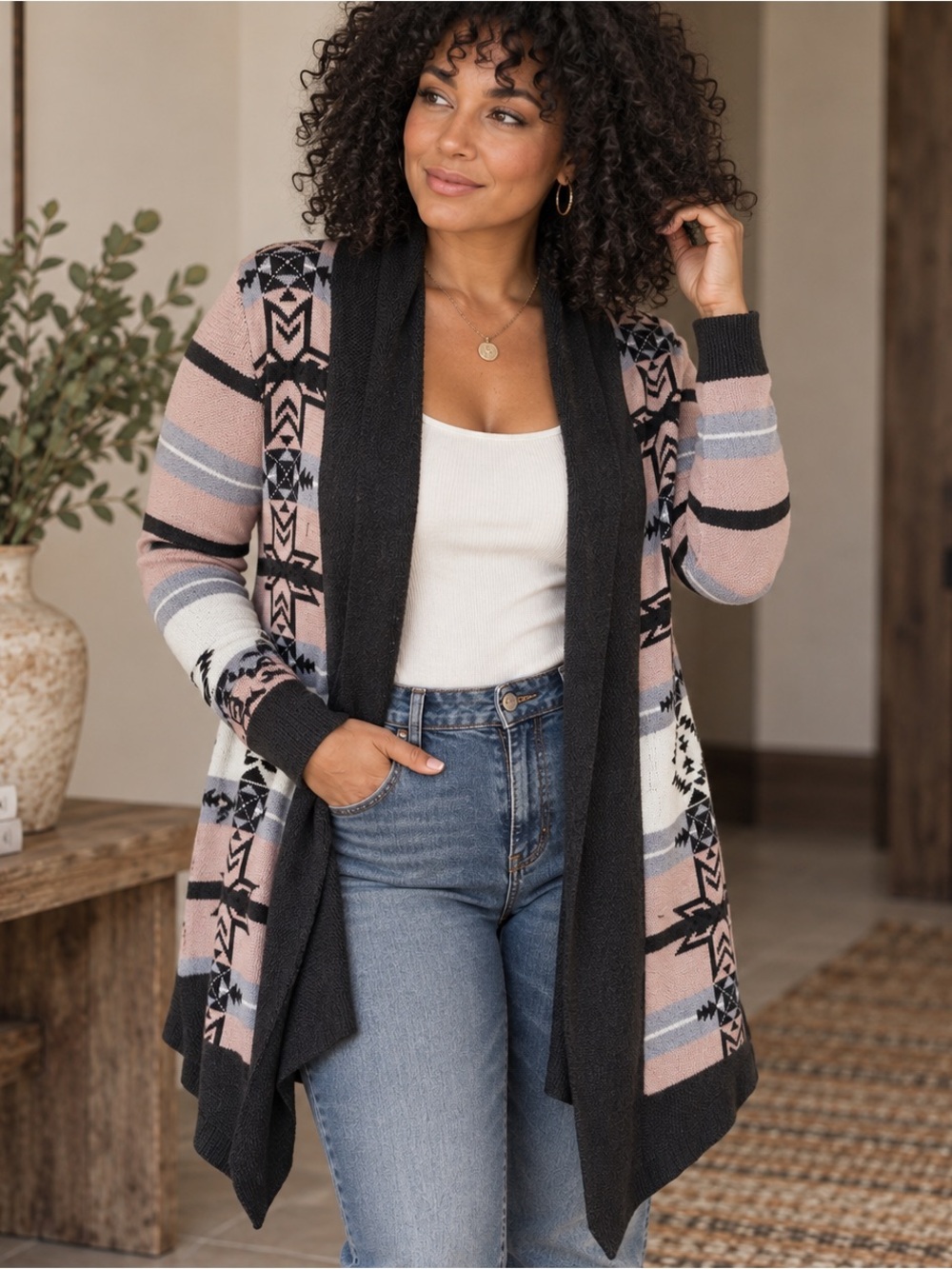 Beldini Women’s L Southwestern Aztec Open Front Cardigan Duster Boho Pink Black